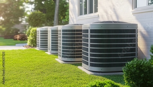 An air conditioning unit lined up in front of the house, with green grass and landscaping around it.