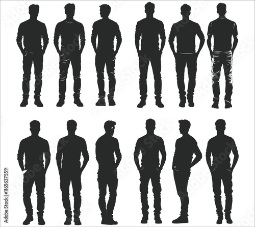 
Man standing silhouettes in vector collection. Vector black man standing silhouette. man standing with hands in pockets isolated on a white background