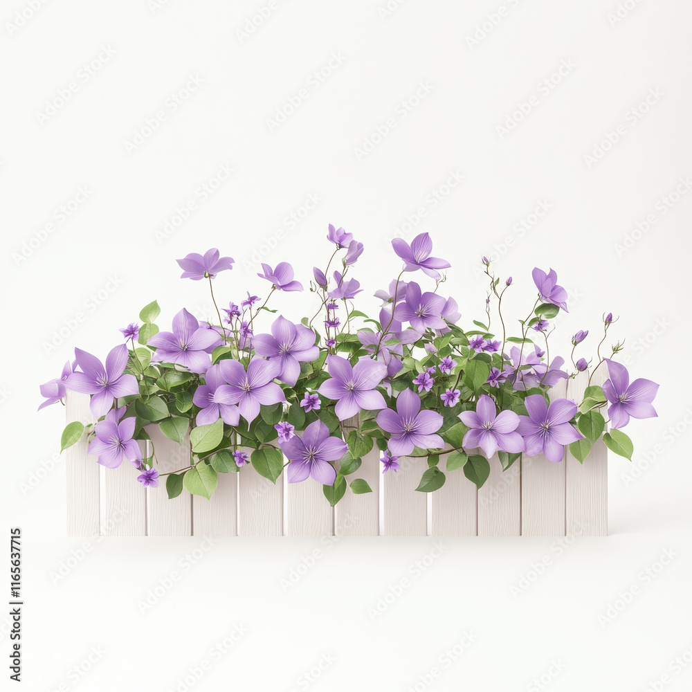 Obraz premium Beautiful arrangement of purple clematis flowers in white fence planter, creating serene and vibrant atmosphere