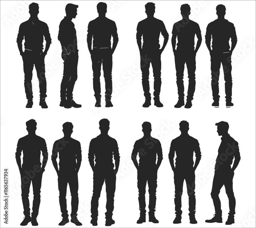 
Man standing silhouettes in vector collection. Vector black man standing silhouette. man standing with hands in pockets isolated on a white background