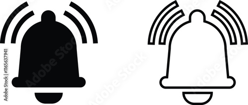 Notification bell icon set. Alarm symbol. Incoming inbox message. Ringing bells. Alarm clock and smartphone application alert. Social media element flat and line vector collection isolated transparent