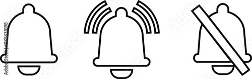 Notification bell icon set. Alarm symbol. Incoming inbox message. Ringing bells. Alarm clock and smartphone application alert. Social media element flat and line vector collection isolated transparent