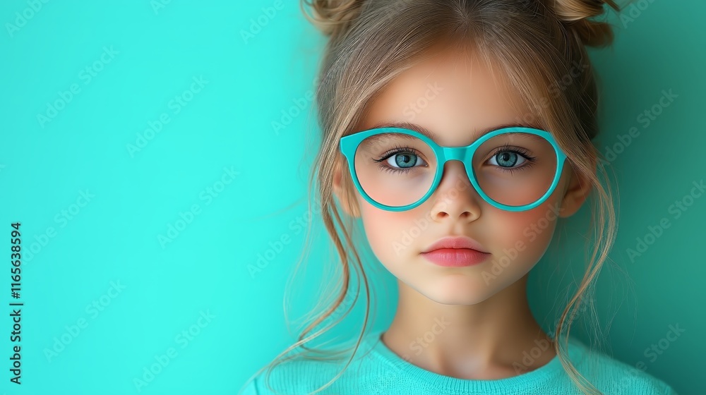 Young girl with turquoise glasses and topknot hairstyle against turquoise background Young girl with turquoise glasses and topknot hairstyle against turquoise background