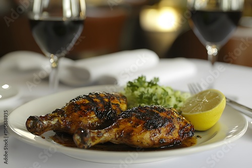 A small plate of grilled chicken its tender texture lit softly in the gentle light  photo