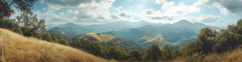 A panoramic view of an incredible landscape of the French countryside, with wheat fields and forested hills in the summer, a blue sky with white clouds, golden grass, and green trees A panoramic view of an incredible landscape of the French countryside, with wheat fields and forested hills in the summer, a blue sky with white clouds, golden grass, and green trees