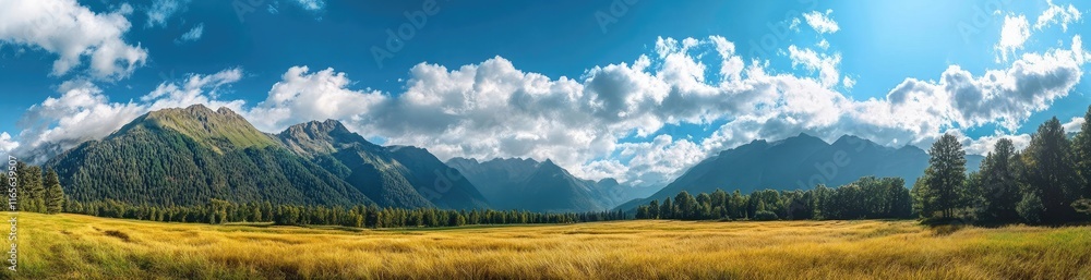 A panoramic view of an incredible landscape of the French countryside, with wheat fields and forested hills in the summer, a blue sky with white clouds, golden grass, and green trees A panoramic view of an incredible landscape of the French countryside, with wheat fields and forested hills in the summer, a blue sky with white clouds, golden grass, and green trees