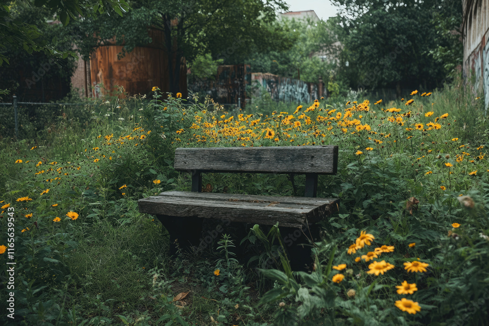 A weathered wooden bench sits serenely amidst a vibrant field of yellow wildflowers.