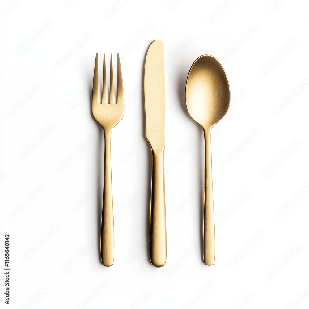 Elegant gold plated cutlery set including fork, knife, and spoon for dining Elegant gold plated cutlery set including fork, knife, and spoon for dining