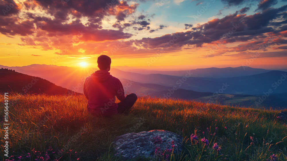 Obraz premium A person sitting alone on a hill, contemplating life as the sun paints the sky with colors.