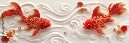 Serene Goldfish surrounded by Chinese New Year Decorations in 3D Rendering