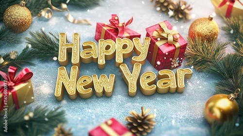 3D Golden 'Happy New Year' Text Surrounded by Gifts and Christmas Decorations with Snow-Covered Pine Branches in Colorful Cartoon Style, Festive Animation Vibe