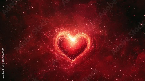 A glowing heart in the center of a dark red