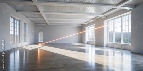 Empty room with large windows and hardwood floors  sunbeam effect