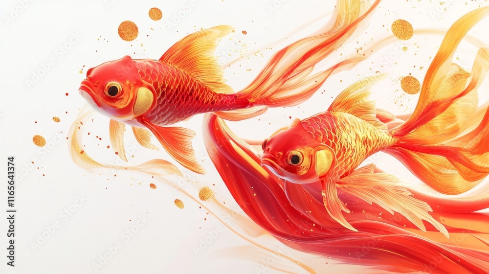 Fototapeta premium Glowing Goldfish in Swirling Red Water - Festive 3D Illustration