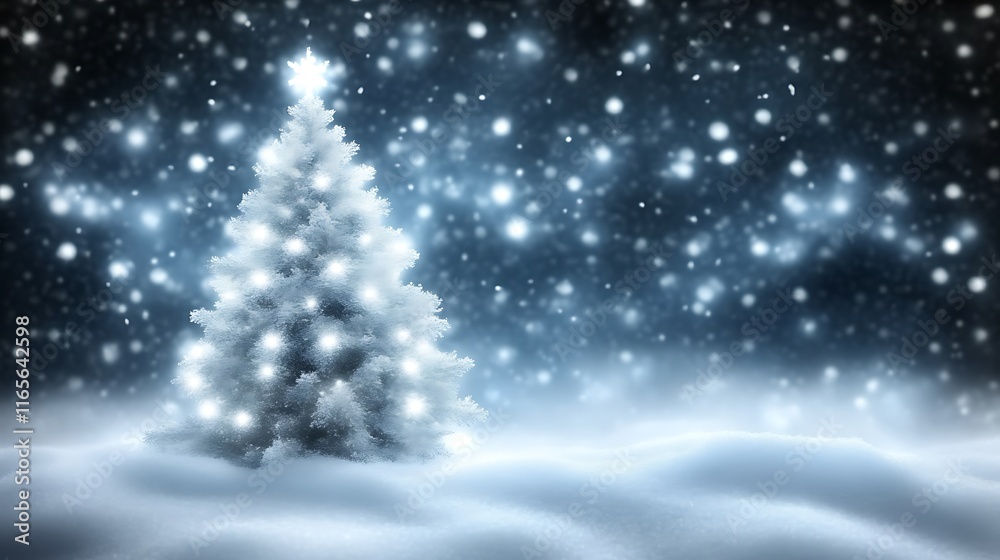 Naklejka premium A snow covered Christmas tree glows in the winter night