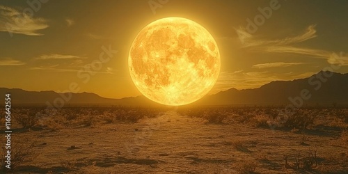 Large full moon over desert landscape at sunset. photo