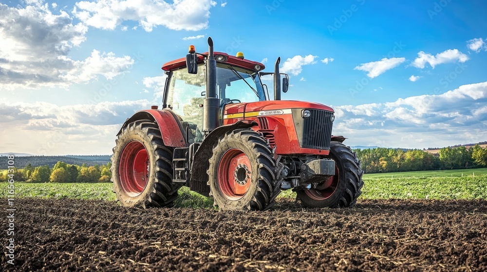 A red tractor on a farm field under a blue sky with clouds. A red tractor on a farm field under a blue sky with clouds.