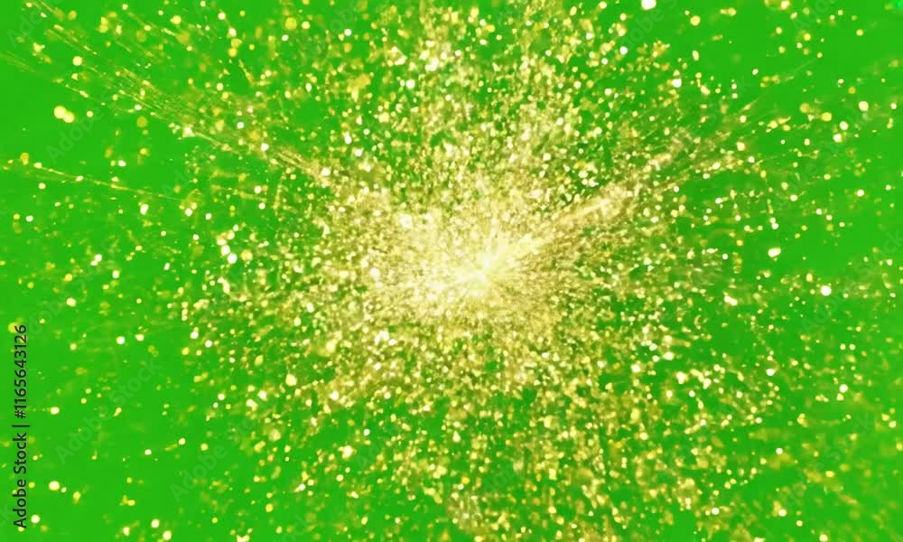 Golden glitter explosion with sparkling particles spreading outward on an isolated green screen