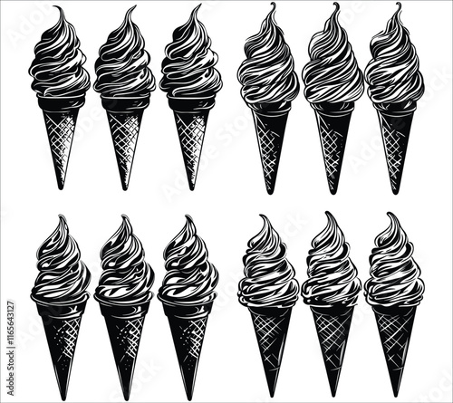 Set of ice cream cone silhouette. Sweet ice cream cone silhouette icons. Abstract ice cream cone silhouette vector. Ice cream cone icons silhouette vector collection

