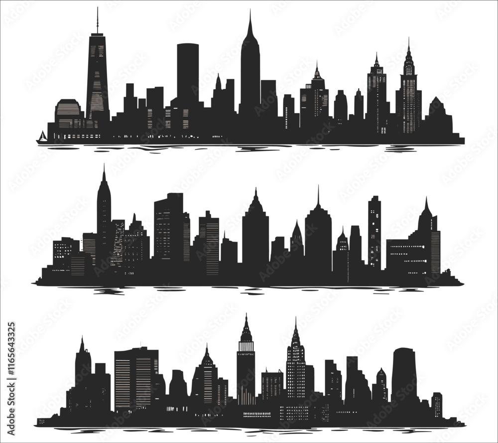 Naklejka premium City skyline silhouette vector. Modern city skyline vector silhouettes design. Abstract cityscape silhouette design. Silhouette of urban city skyline 