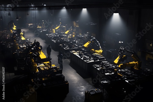 A bird’s-eye shot of an automotive assembly line with robotic arms in motion, assembling various car parts with a technician observing from a distance under soft, overhead lights.  photo