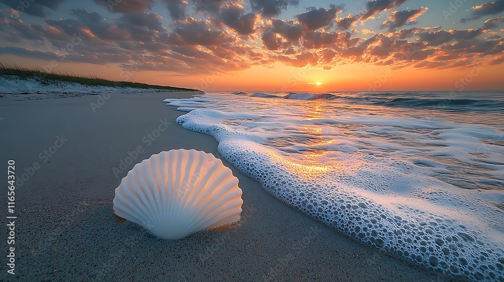 Seashell on sandy beach at sunrise with ocean waves. Seashell on sandy beach at sunrise with ocean waves.