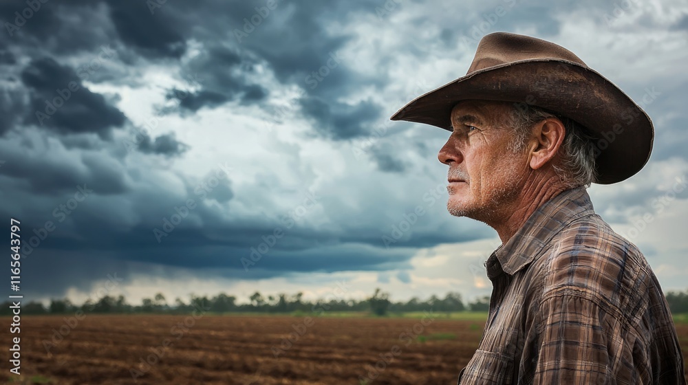 A contemplative farmer gazes at an approaching storm over his field.