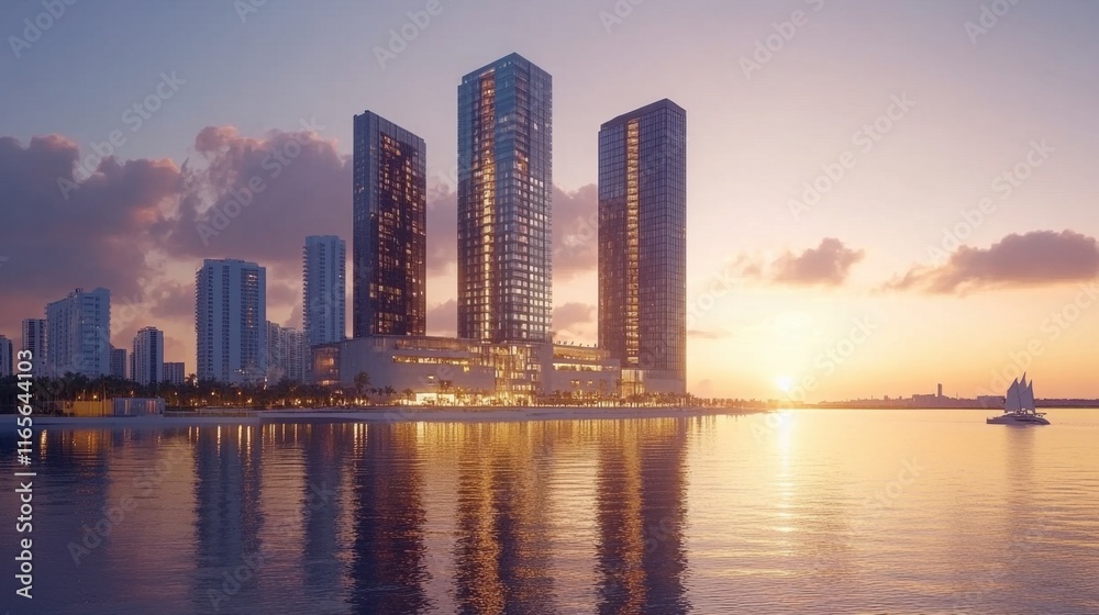 Naklejka premium Modern Skyscrapers Reflected in Water During Stunning Sunset Glow