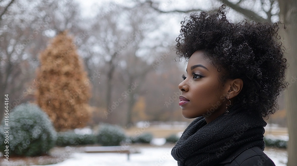 Pensive young Black woman in winter park. Pensive young Black woman in winter park.