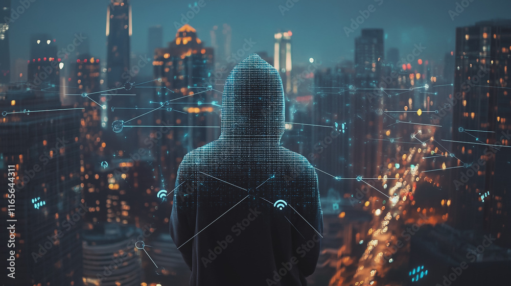 Hacker are planning to hack and attack networks and cyber security systems. Smart Innovation city with connection future wireless digital city and social media networking over the cityscape. Hacker are planning to hack and attack networks and cyber security systems. Smart Innovation city with connection future wireless digital city and social media networking over the cityscape.