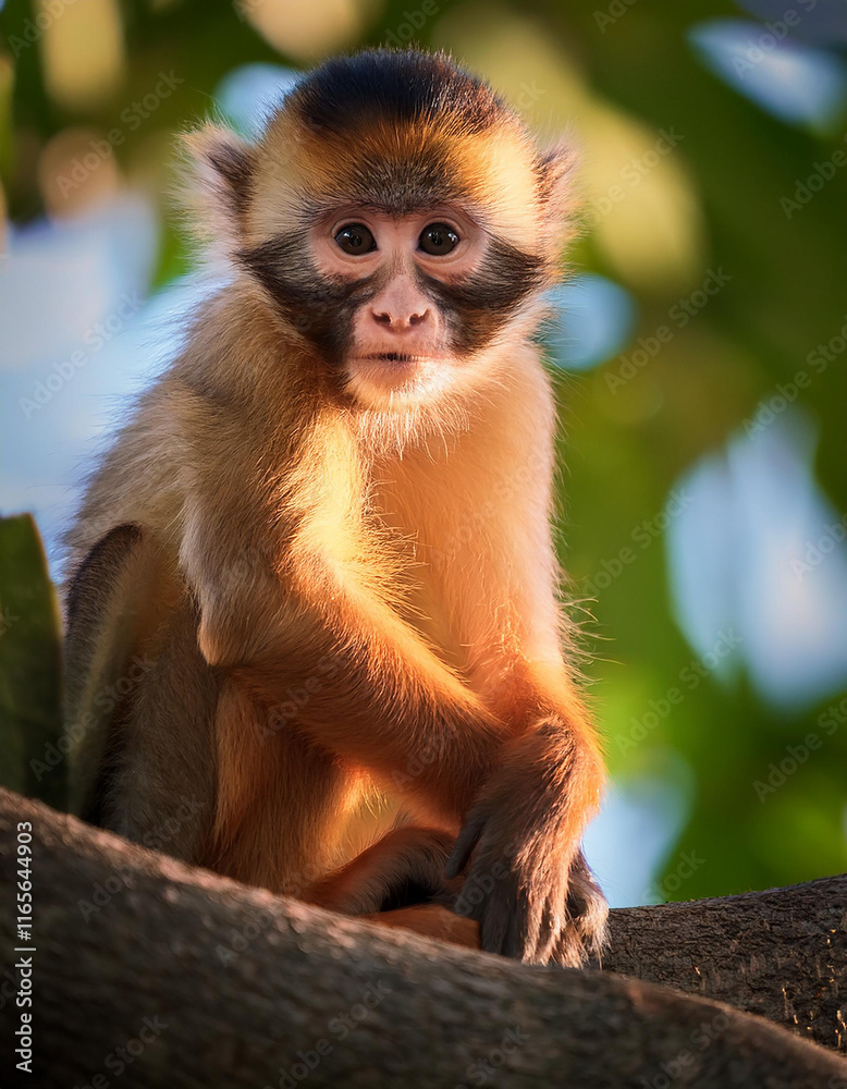 Obraz premium Goldenfurred Vervet Monkey, Wildlife Portrait, African Primate, Sitting, Branch, Generated image