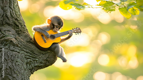 Adorable baby monkey playing acoustic guitar on a tree branch, bathed in sunlight.  Perfect for children's books, music, and nature themes. photo