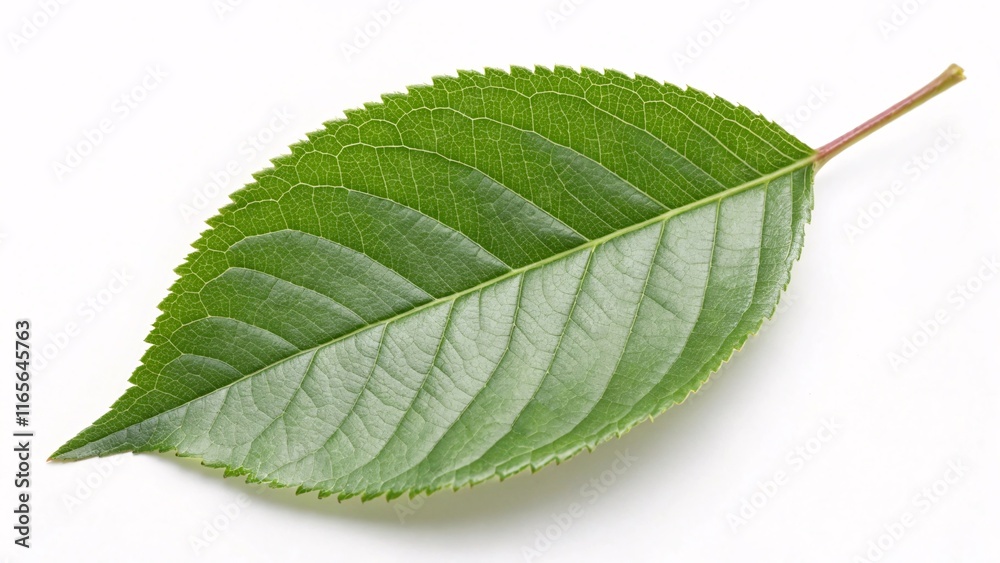 Obraz premium Cherry tree leaf, oval and glossy green on white background