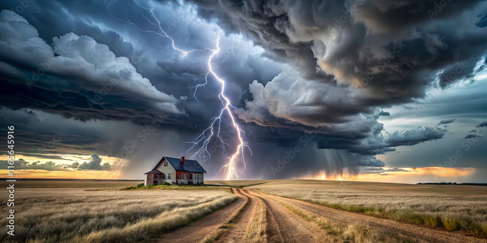 A deserted house stands alone in a vast field as a powerful lightning bolt strikes nearby, surrounded by dark, swirling clouds and a sunset glow on the horizon A deserted house stands alone in a vast field as a powerful lightning bolt strikes nearby, surrounded by dark, swirling clouds and a sunset glow on the horizon