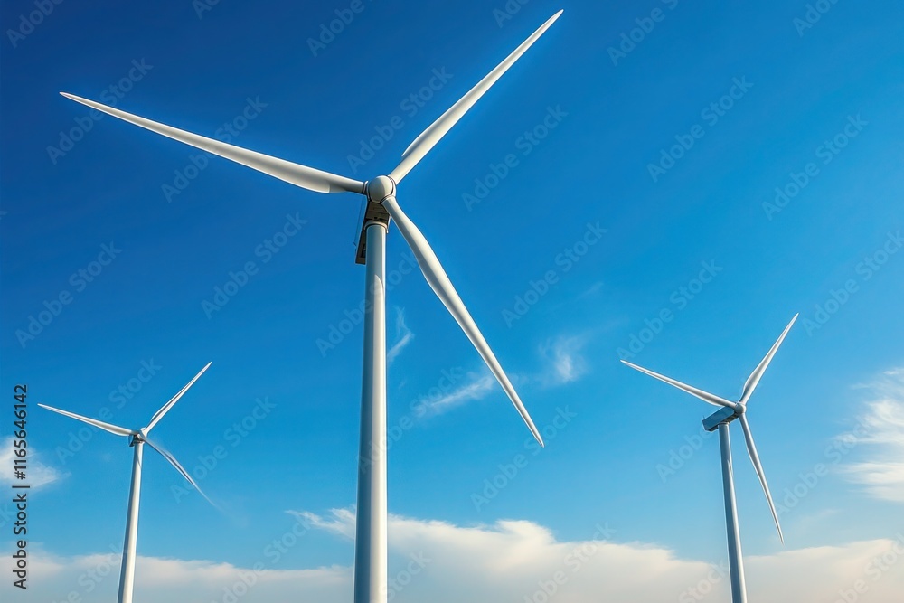 A futuristic wind farm under a bright blue sky, the wind turbines symbolizing renewable energy, innovation, and sustainability in achieving long-term goals. A futuristic wind farm under a bright blue sky, the wind turbines symbolizing renewable energy, innovation, and sustainability in achieving long-term goals.