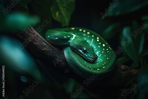 A green python resting on a branch among lush foliage in a dimly lit environment. photo