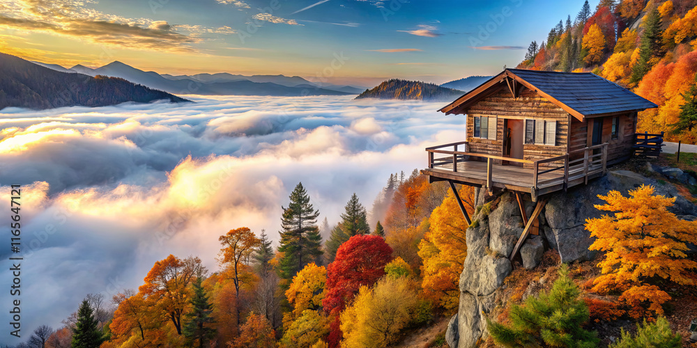 Fototapeta premium A wooden cabin sits on a rocky ledge, surrounded by vibrant autumn trees. Below, a thick layer of fog blankets the valley, while the sun sets, casting warm colors across the landscape