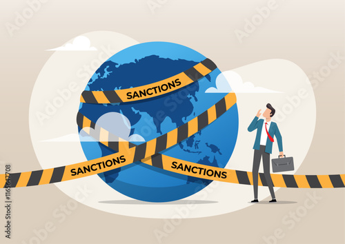 businessman look at planet earth world country with prohibited yellow tape with word sanctions