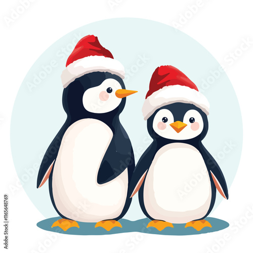 Cute Penguins wearing Santa Claus hat standing on white background flat design vector illustration