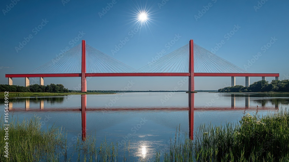 Fototapeta premium Red cable-stayed bridge over calm river, perfect reflection, bright sunny day.