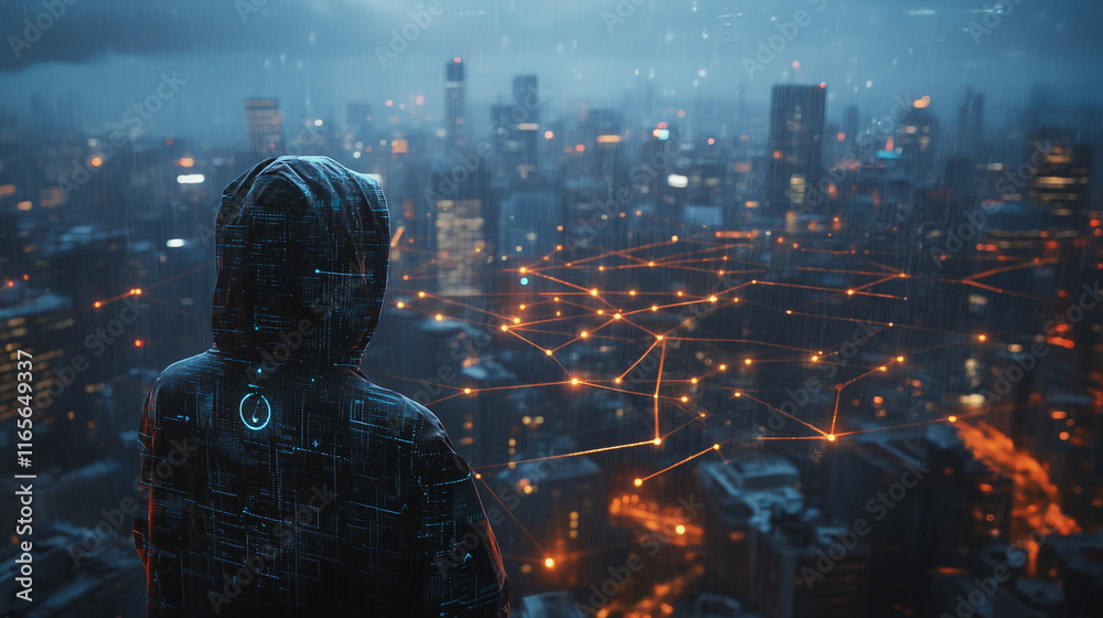 Hacker are planning to hack and attack networks and cyber security systems. Smart Innovation city with connection future wireless digital city and social media networking over the cityscape. Hacker are planning to hack and attack networks and cyber security systems. Smart Innovation city with connection future wireless digital city and social media networking over the cityscape.
