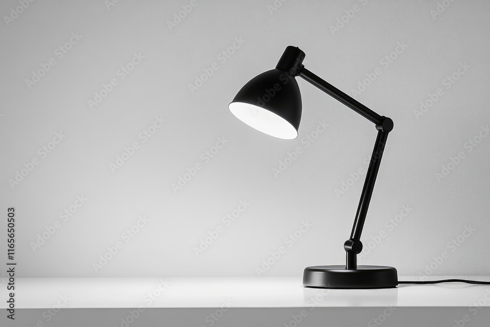 A minimalist black desk lamp illuminates a white surface, providing focused light for work or study. A minimalist black desk lamp illuminates a white surface, providing focused light for work or study.