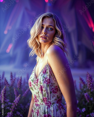 A model in a vintage floral dress, is captured in a modern scene with a dreamlike atmosphere photo