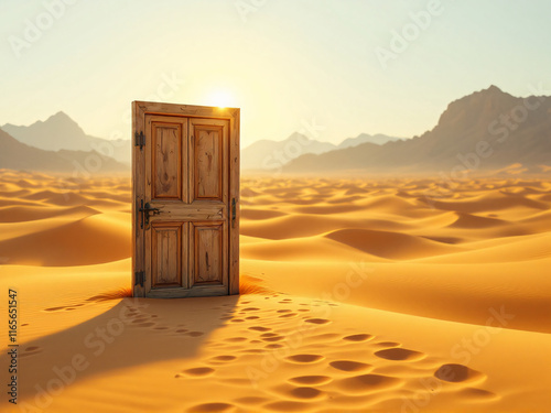 A wooden door stands alone amidst vast desert dunes, with distant mountains under a cloudy sky. photo