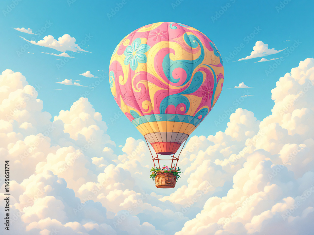 Naklejka premium Colorful hot air balloon with floral patterns flying in a cloudy sky.