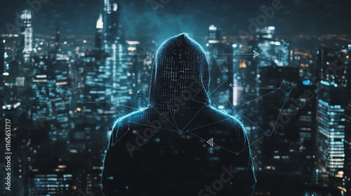 Wallpaper Mural Hacker are planning to hack and attack networks and cyber security systems. Smart Innovation city with connection future wireless digital city and social media networking over the  cityscape.	 Torontodigital.ca