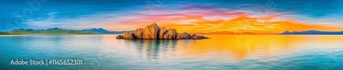 A breathtaking scene of both sunrise and sunset appearing simultaneously over a tranquil sea, showcasing stunning details, high-definition photography, and perfect composition with master-level techni photo