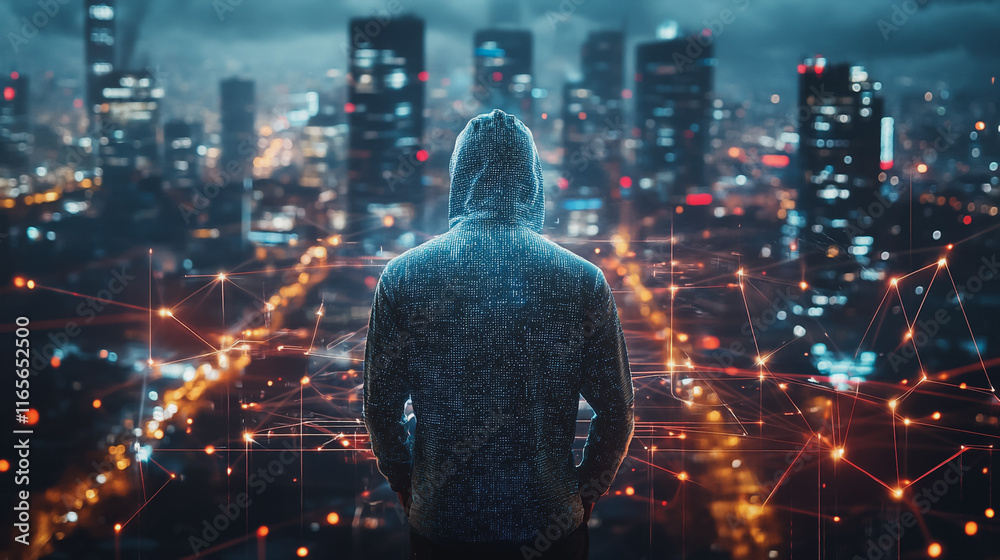 Hacker are planning to hack and attack networks and cyber security systems. Smart Innovation city with connection ffuture wireless digital city and social media networking over the sunset cityscape. Hacker are planning to hack and attack networks and cyber security systems. Smart Innovation city with connection ffuture wireless digital city and social media networking over the sunset cityscape.