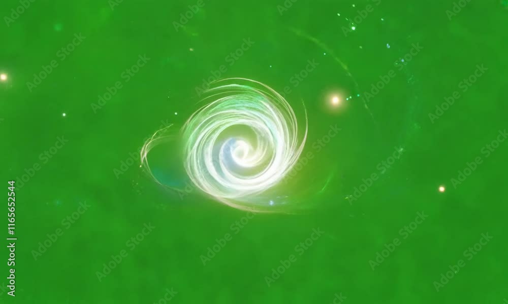 Swirling magical particles effect with sparkling and glowing orbs moving in a circular motion on an isolated green screen background