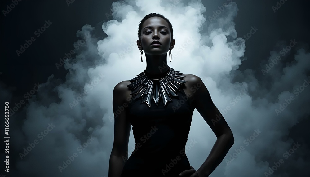 Striking model wearing a bold statement necklace against a dramatic smoky background Striking model wearing a bold statement necklace against a dramatic smoky background